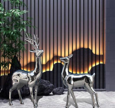 酒店大厅不锈钢镜面创意鹿雕塑