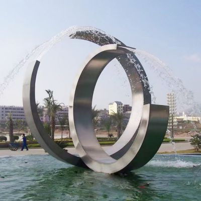 创意不锈钢圆环喷水雕塑酒店水池摆件