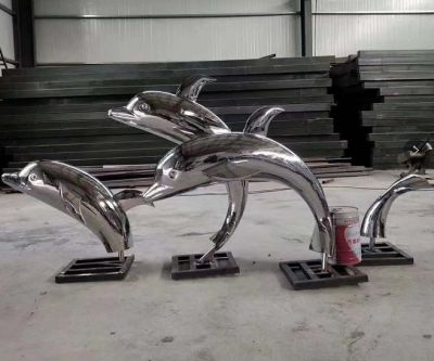 镜面不锈钢创意跳跃的海豚雕塑