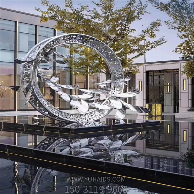 酒店水景创意不锈钢镂空圆环摆件雕塑