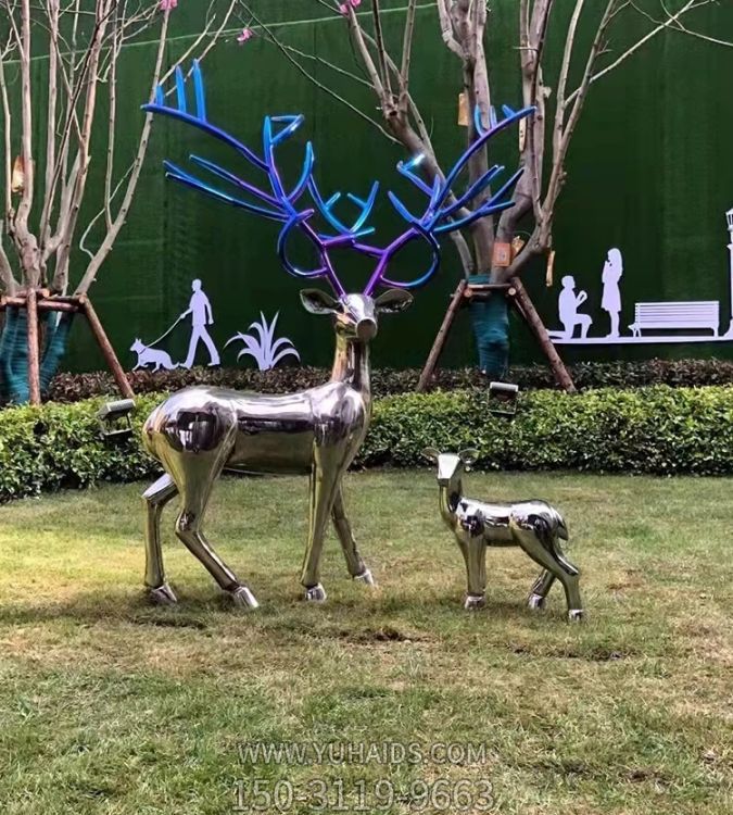 不锈钢镜面梅花鹿现代简约庭院园林景观 摆件雕塑