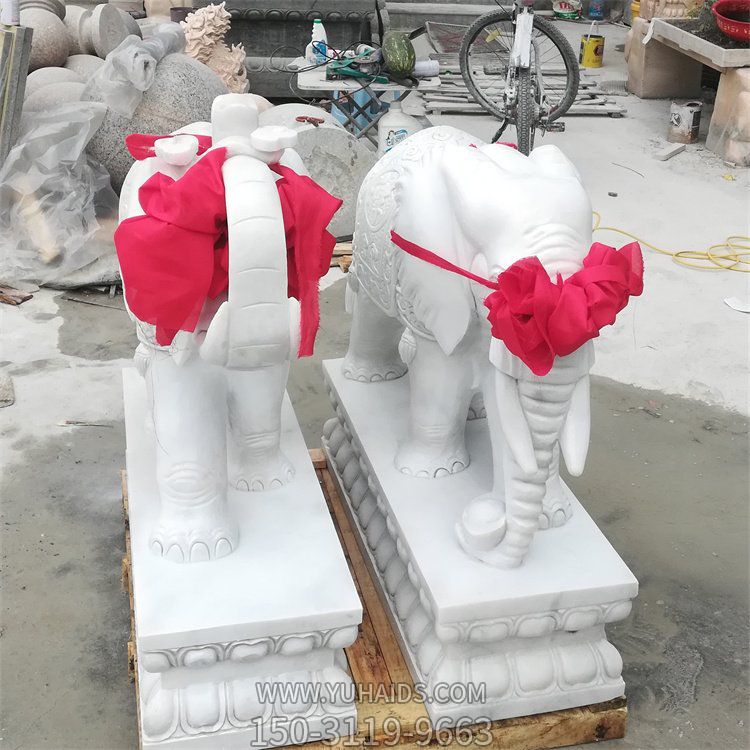 企业摆放招财纳福汉白玉雕刻小象门墩雕塑