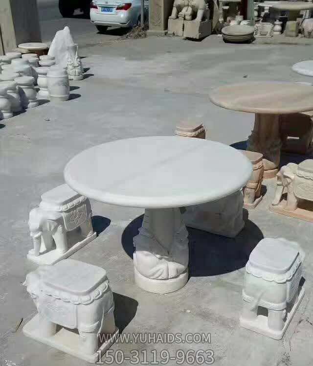 汉白玉圆形石桌小象石凳酒店广场摆件装饰雕塑