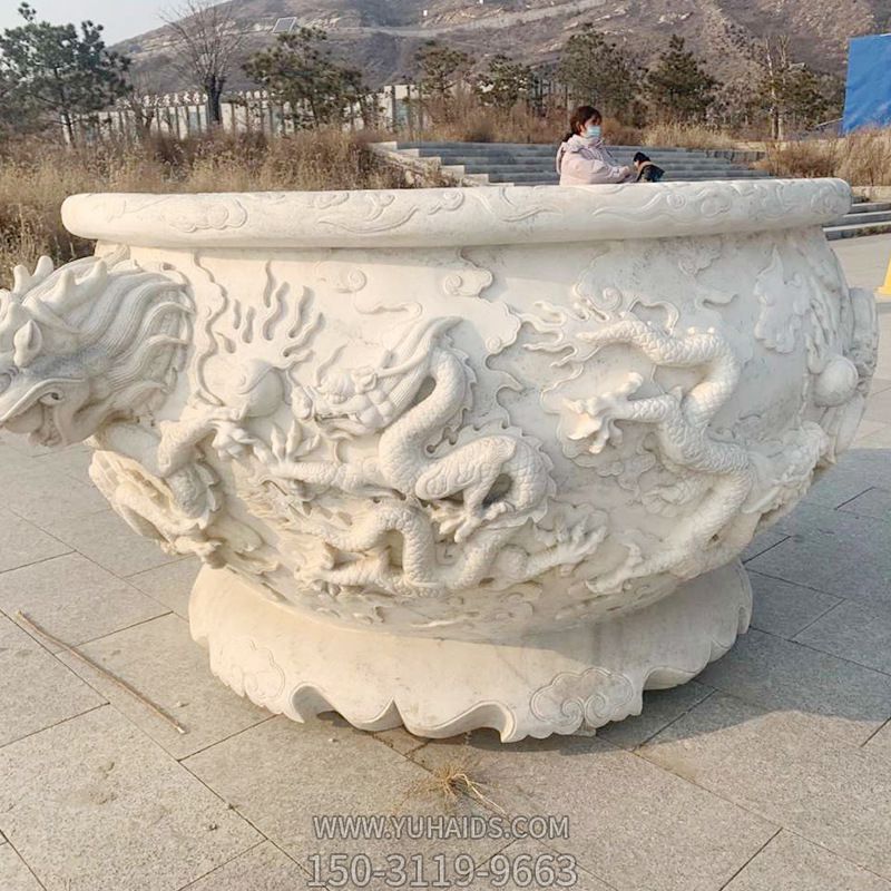 户外庭院汉白玉石雕龙浮雕缸雕塑