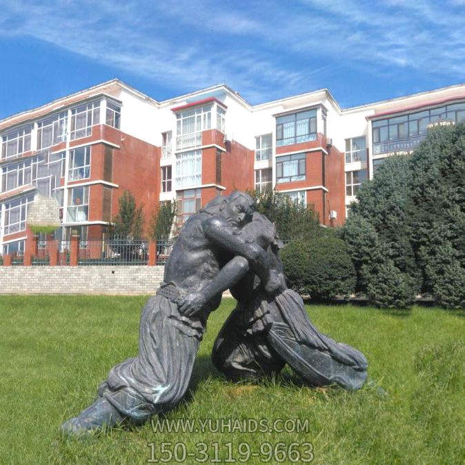 小区园林草坪蒙古传统摔跤人物青铜雕塑