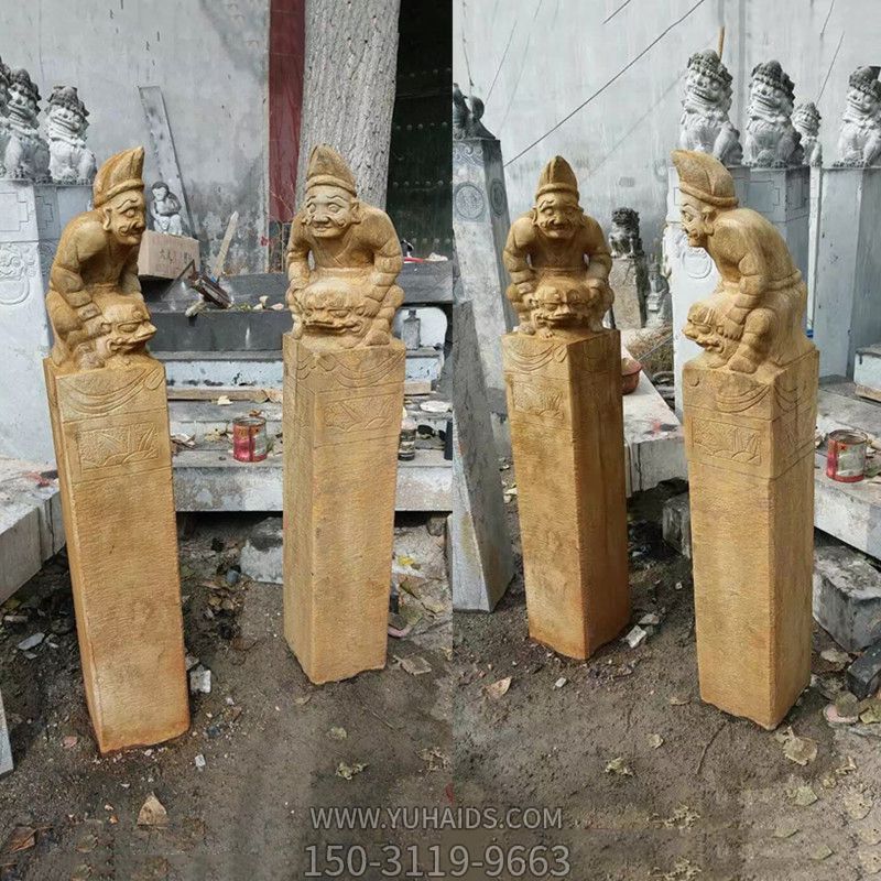 人物浮雕做旧仿古庭院门前摆放拴马柱摆件雕塑