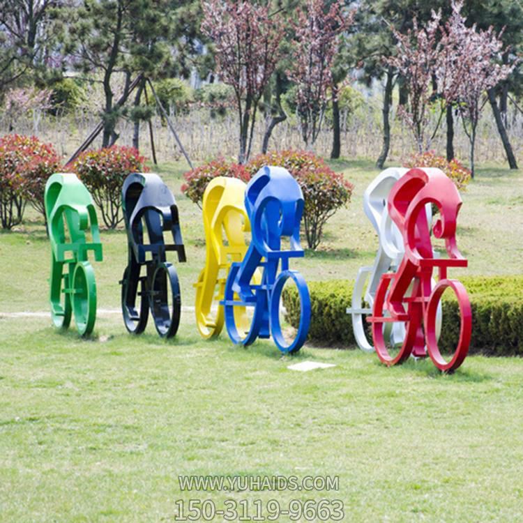 公园草地不锈钢喷漆自行车运动人物雕塑