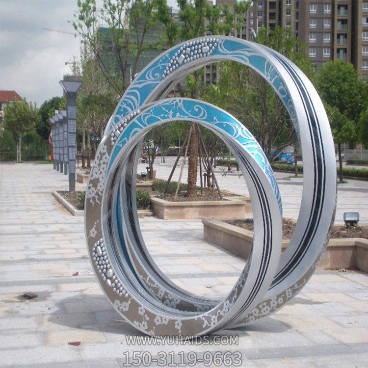 公园不锈钢彩绘立体创意圆环雕塑