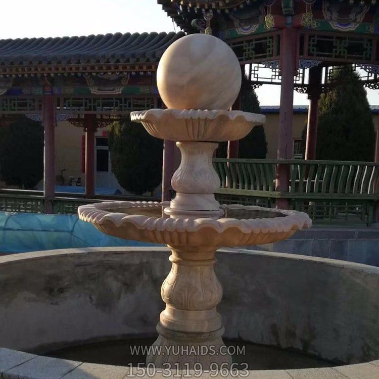 中式庭院水池摆放晚霞红雕刻二层风水球雕塑