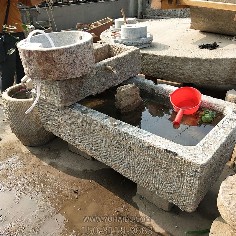 古建筑老石槽老石磨改装创意流水鱼缸流水景观石雕雕塑