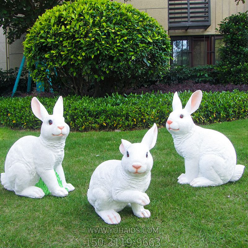 农场三只白色玻璃钢兔子雕塑