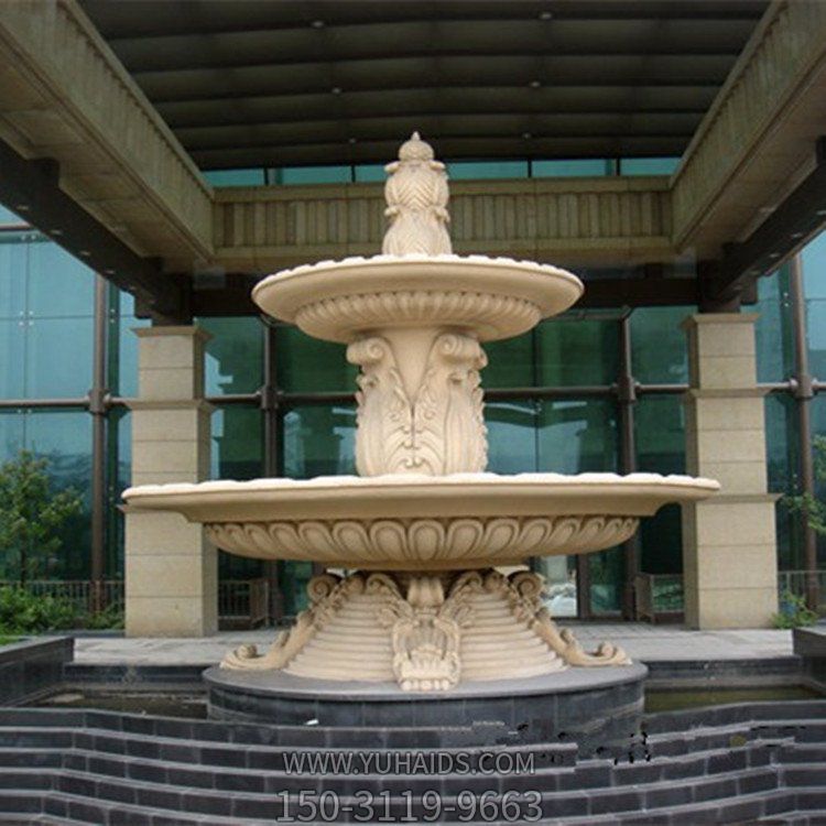 酒店门口水池摆放大理石雕刻大型欧式二层水钵流水喷泉雕塑