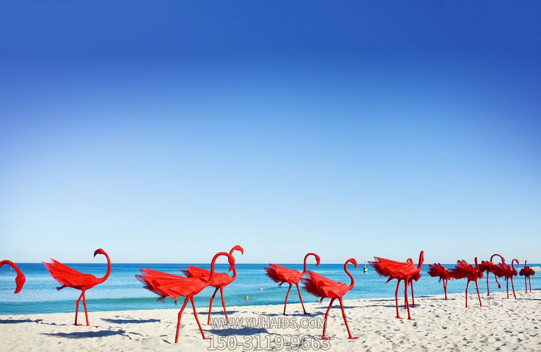 海边创意玻璃钢一群散步的红色鹤雕塑