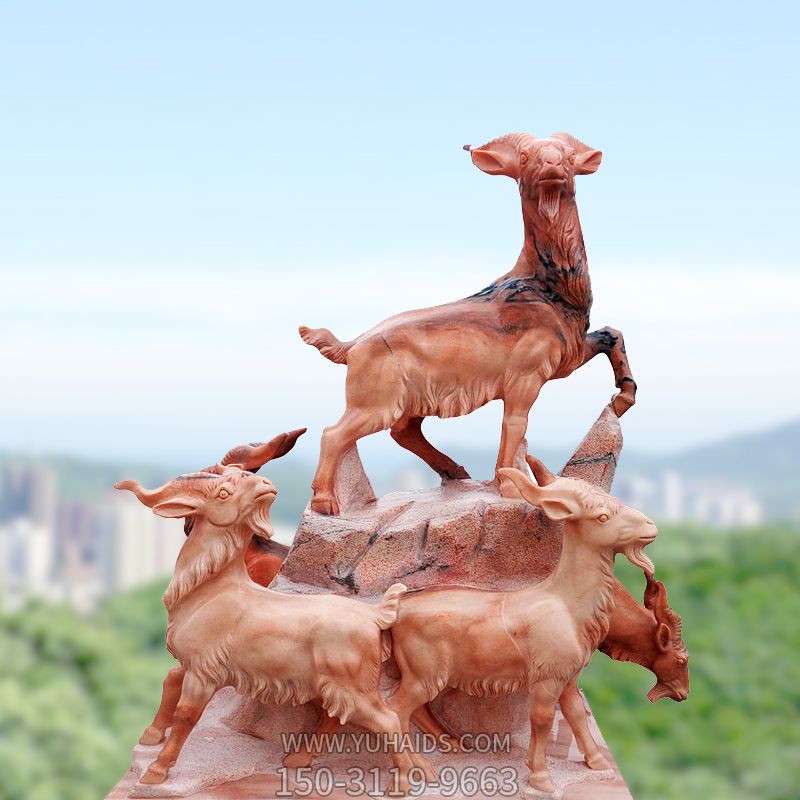 公园景区晚霞红石雕吉祥好运三阳开泰雕塑