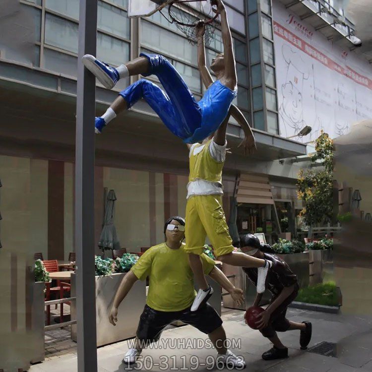 玻璃钢彩绘运动打篮球人物 街头装饰小品雕塑