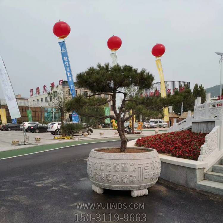 广场街道摆放砂岩雕刻圆形花盆景观雕塑