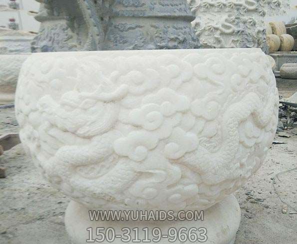 缸雕塑-汉白玉龙浮雕招财石雕水缸雕塑