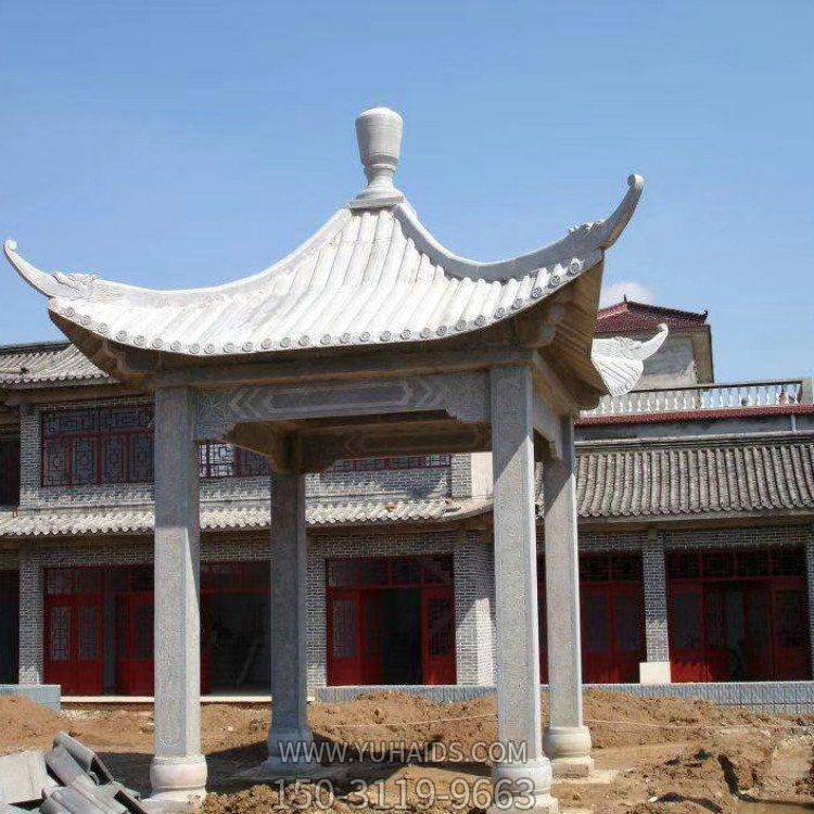 别墅园林晚霞红石雕古建长廊石凉亭雕塑