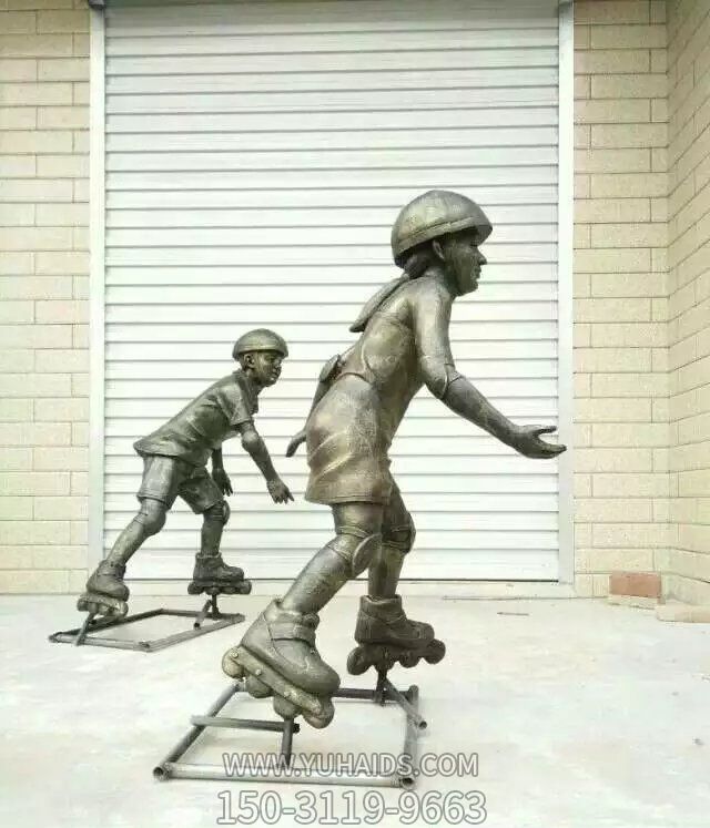 城市街道铜雕小孩玩轮滑公园人物儿童雕塑
