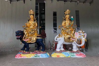 文殊普贤雕塑-寺庙不锈钢贴金文殊普贤雕塑