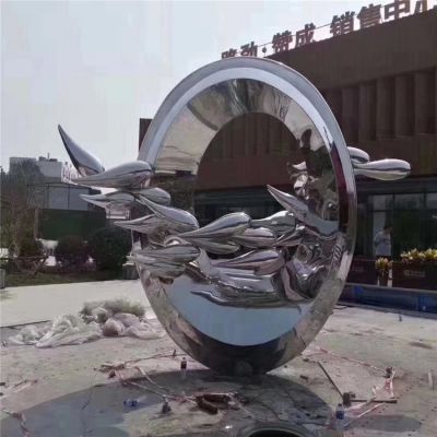 广场装饰摆放不锈钢镜面抽象圆环鱼群景观雕塑