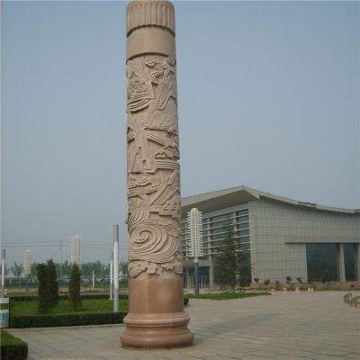 景区广场摆放天然大理石浮雕文化石柱