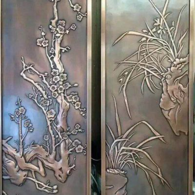 锻铜浮雕铜板画梅兰竹菊壁画 玻璃钢饭桶背景墙装饰画