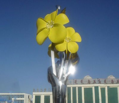 公园不锈钢镜面黄色花朵雕塑