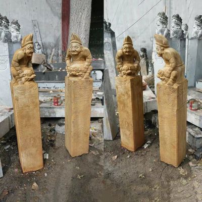 人物浮雕做旧仿古庭院门前摆放拴马柱摆件