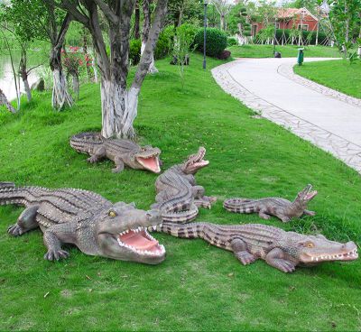 公园草地上摆放的一群张着嘴巴的玻璃钢仿真鳄鱼雕塑