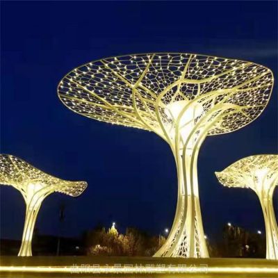 不锈钢户外广场照明大型发光抽象树雕塑
