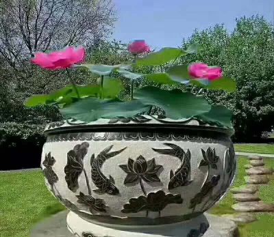 公园荷花鲤鱼石浮雕水缸养花缸雕塑