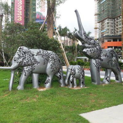 不锈钢大象，一家三口象雕塑