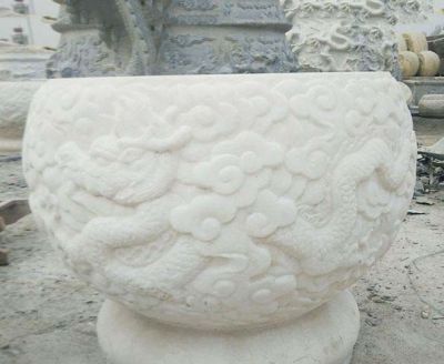 缸雕塑-汉白玉龙浮雕招财石雕水缸雕塑