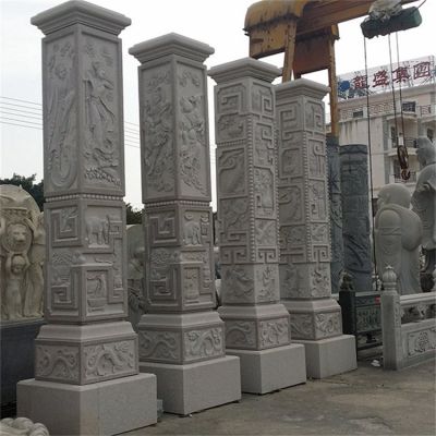 景点广场摆放青石做旧浮雕文化石柱雕塑