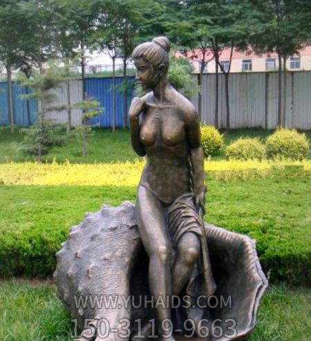 公园景区铜雕坐在海螺上的女孩雕塑