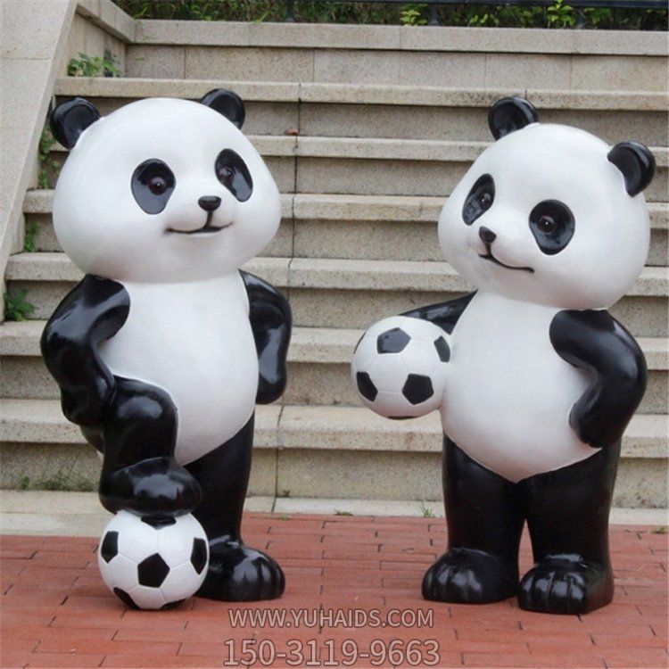 玻璃钢卡通园林踢足球的熊猫景观雕塑