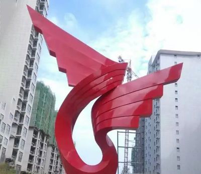 商厦门口飞翔的不锈钢红色飘带雕塑