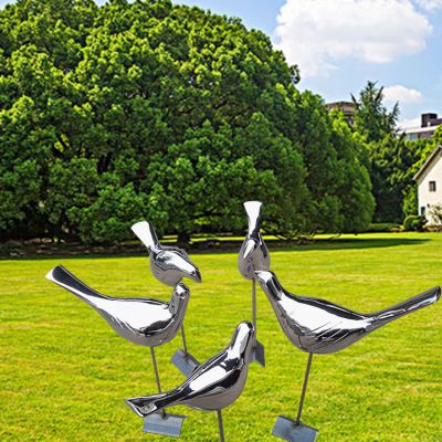 园林抽象动物景观不锈钢镜面小鸟雕塑