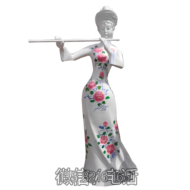 玻璃钢创意吹笛子的少数人物女雕塑