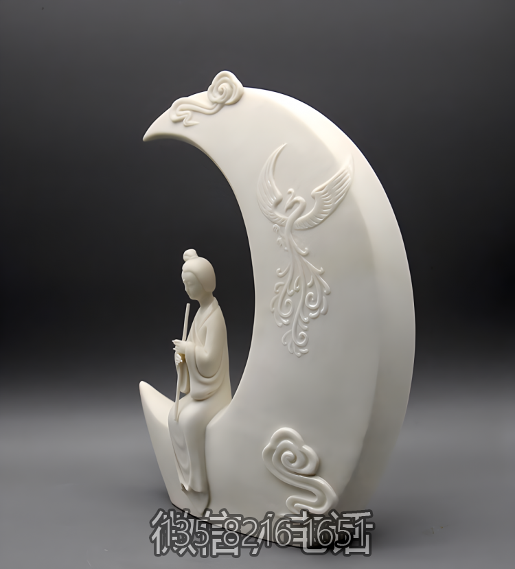 坐在月亮上吹箫的古代美女汉白玉石雕景观