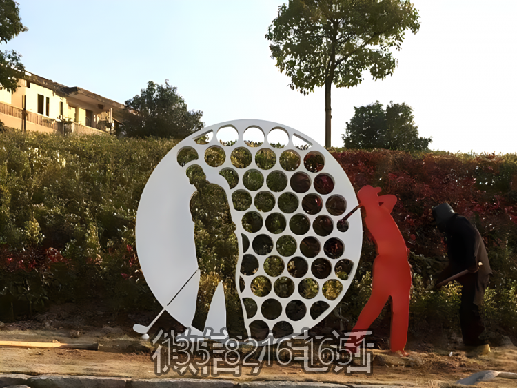 不锈钢剪影人物雕塑，抽象打高尔夫球的人物雕塑
