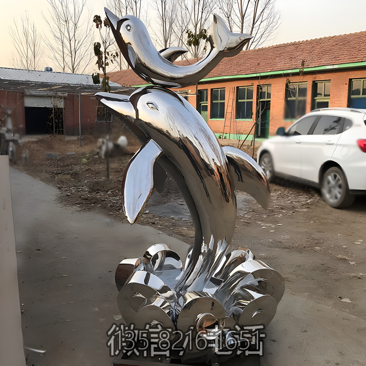 不锈钢镜面抽象动物景观海豚雕塑