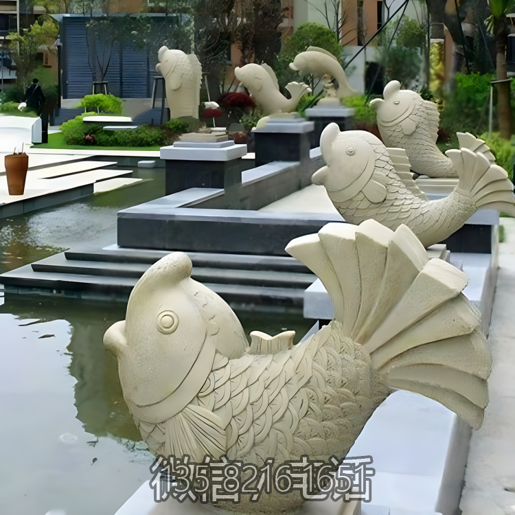 小区别墅大理石石雕水景摆件海洋动物喷水鱼装饰雕塑