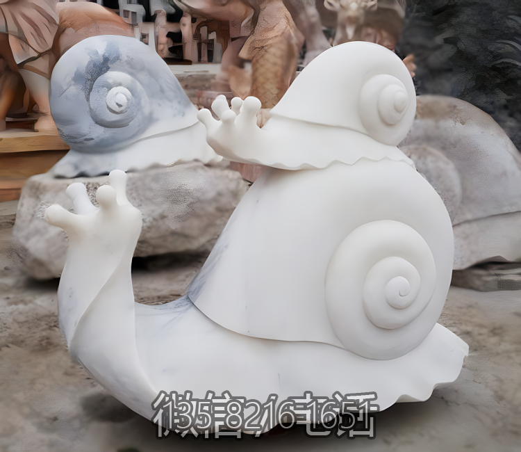 大理石石雕动物景观装饰摆件一大一小蜗牛雕塑