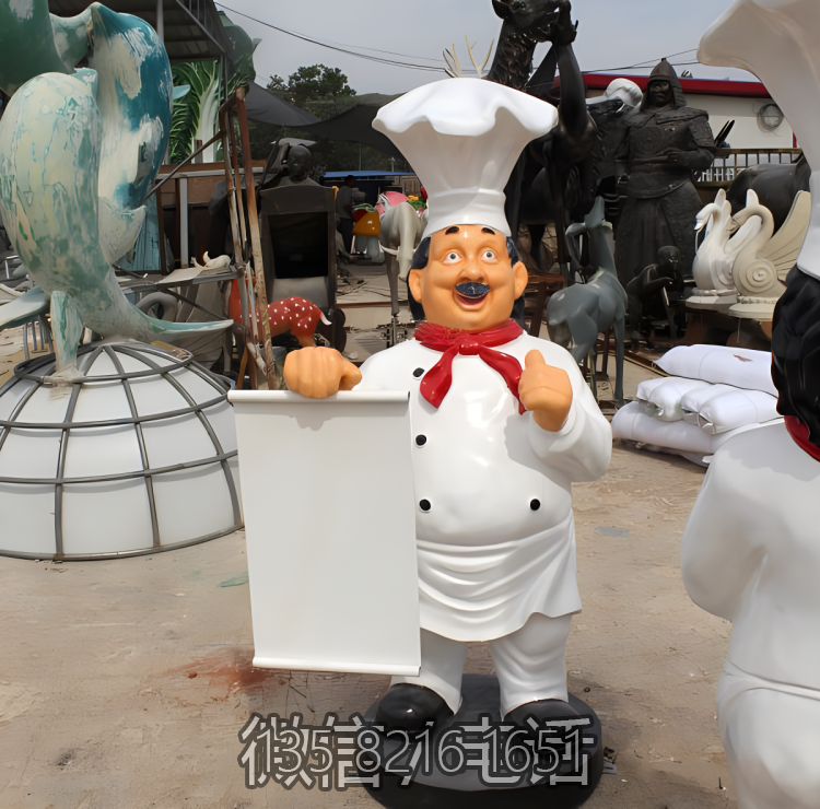手拿牌子的玻璃钢卡通厨师面点师傅雕塑