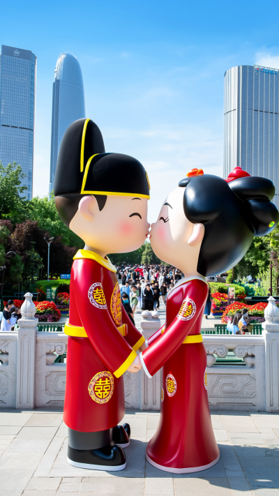 玻璃钢古代新郎新娘雕塑