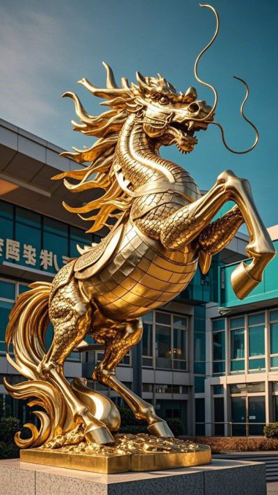 企业门口的金色不锈钢龙马雕塑