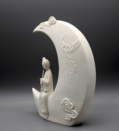 坐在月亮上吹箫的古代美女汉白玉石雕景观
