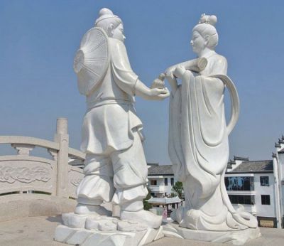 花园广场摆放汉白玉古代人物牛郎织女石雕雕塑